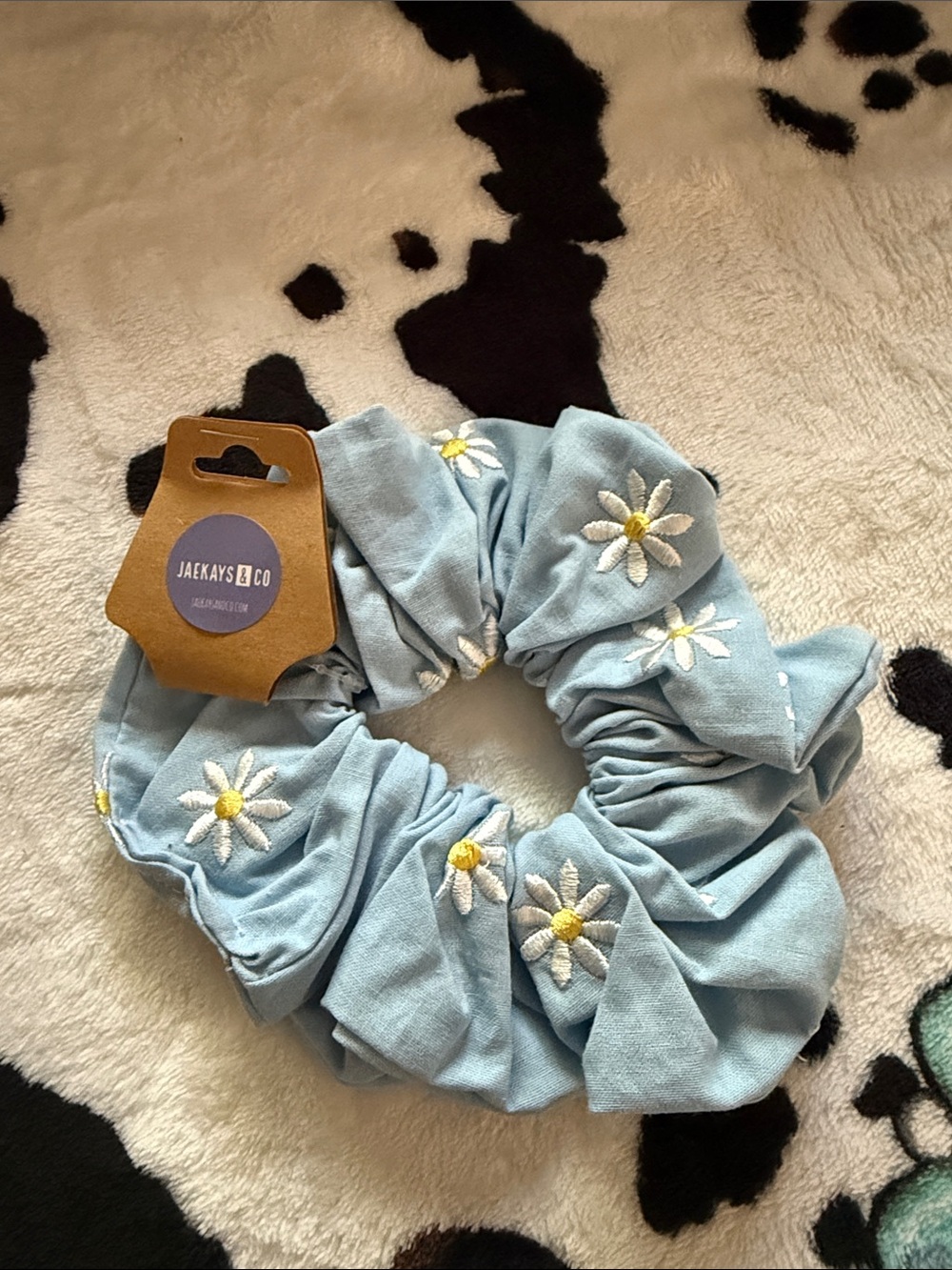 Light Blue Daisy Embroidered Hair Scrunchie